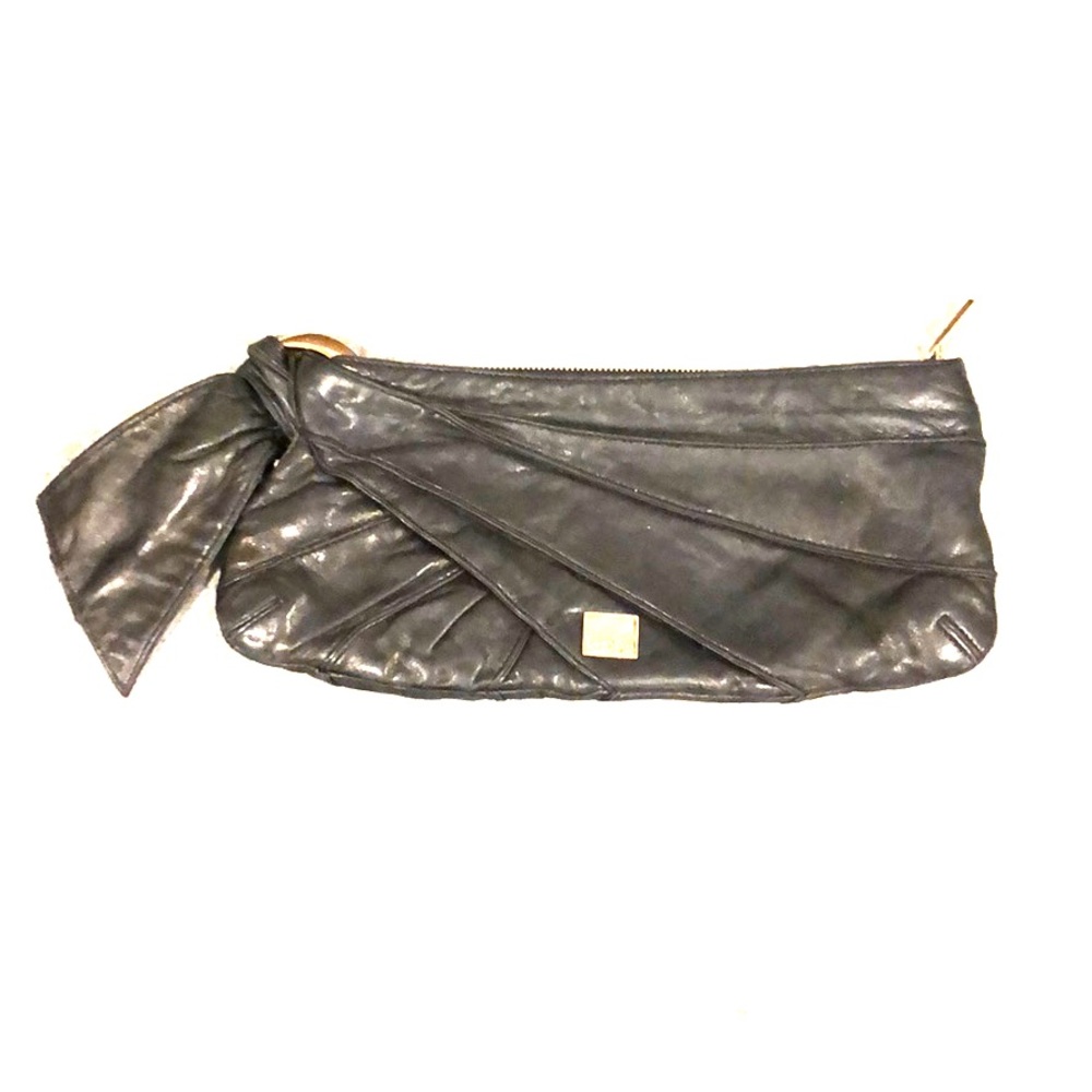 Kooba Y2K Black Leather Ruched Bow Clutch Bag Gold Hardware